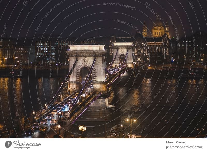 St. Stephen's Cathedral and Chain Bridge at night Vacation & Travel Tourism River Town Capital city Skyline Building Architecture Tourist Attraction Landmark