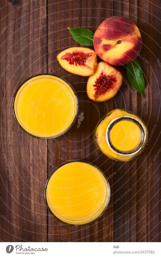 Peach Juice or Nectar Fruit Beverage Fresh food drink drupe Refreshment sweet glass healthy overhead Top Vertical refreshing ripe top view natural light bottle