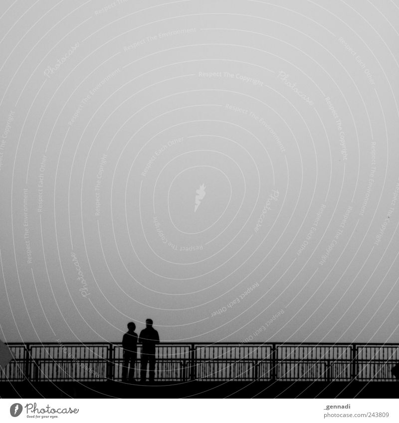 Calm before the storm Human being Couple 2 Sky Bad weather Sadness Bridge Together Relationship Black & white photo Exterior shot Copy Space top Isolated Image