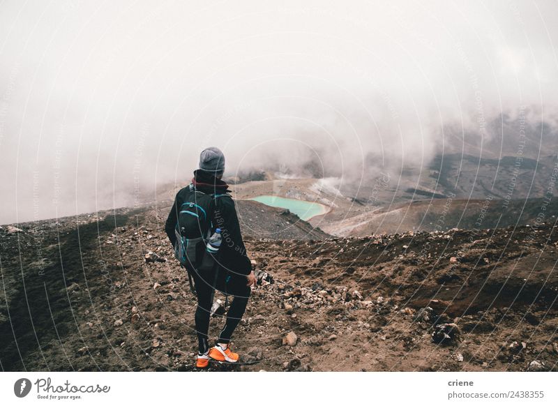 young male adult hiking with misty weather in the mountains Beautiful Vacation & Travel Trip Adventure Mountain Hiking Human being Nature Landscape Weather Fog