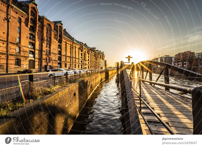 Speicherstadt Hamburg, Sonnenstern Twilight Evening Sunset Light Romance Brick Old warehouse district Germany World heritage Water Blue sky Cloudless sky