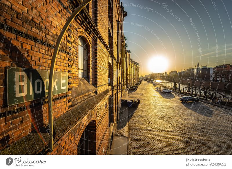 Hamburg Speicherstadt Block E Sunset Twilight Evening Light Romance Brick Old warehouse district Germany World heritage Water Blue sky Cloudless sky