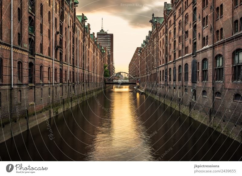 Hamburg Speicherstadt, Fleet, dusk twilight Twilight Evening Sunset Light Romance Brick Old warehouse district Germany World heritage Water Dark Clouds