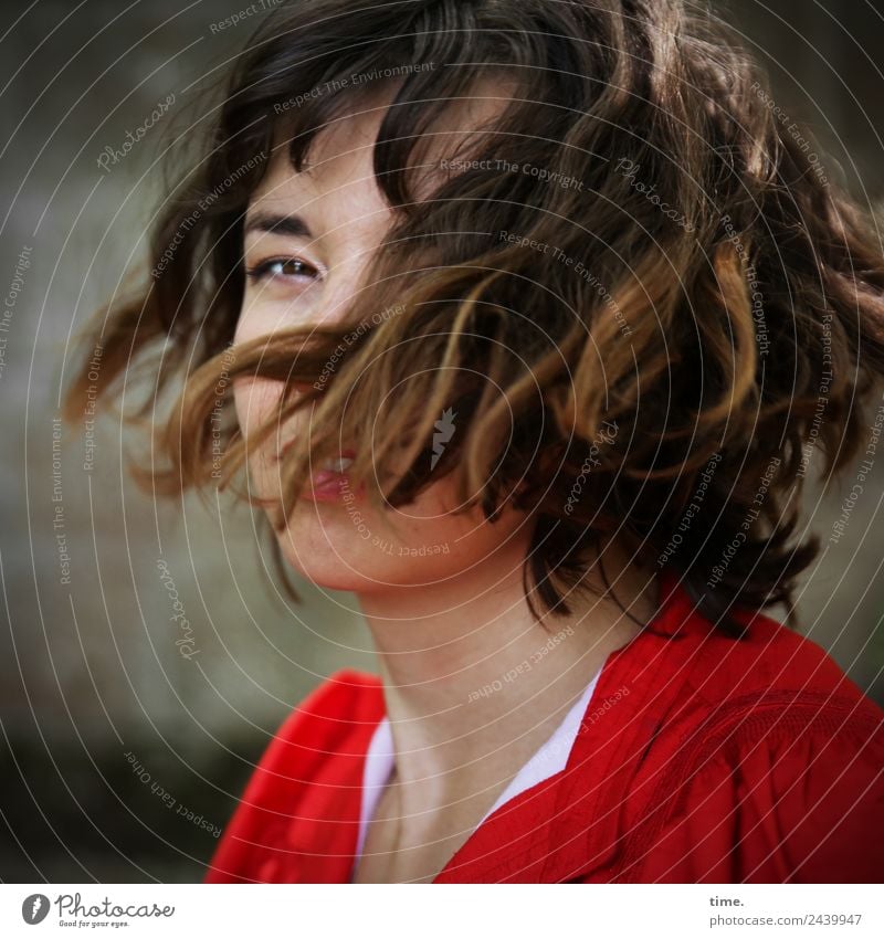 Woman in wind Feminine Adults 1 Human being Dress Brunette Long-haired Curl Observe Movement Rotate Looking pretty Joie de vivre (Vitality) Self-confident