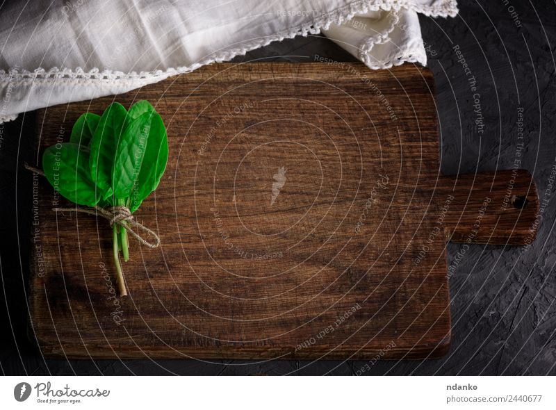 old vintage kitchen cutting board Herbs and spices Table Kitchen Nature Plant Leaf Wood Old Fresh Natural Above Brown Green Black background bunch empty food