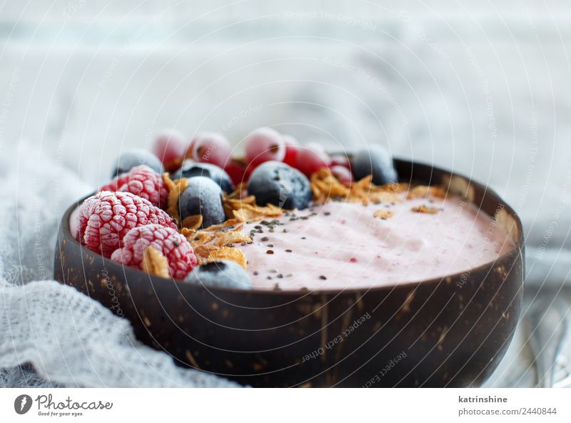 Wild berries smoothie bowl Yoghurt Fruit Dessert Nutrition Breakfast Vegetarian diet Diet Bowl Spoon Summer Fresh Pink Red White background Berries blended chia