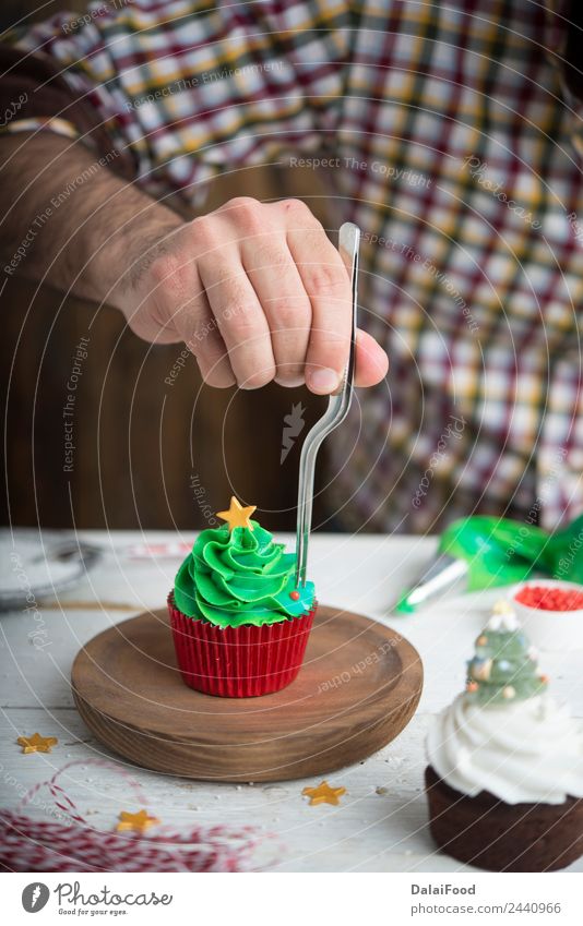 cupcake christmas tree Dessert Winter Decoration Feasts & Celebrations Christmas & Advent Tree Bright Green White Colour background Baking colorful copy cream