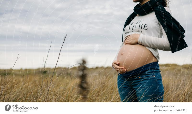 Pregnant woman caressing her naked tummy Lifestyle Human being Baby Woman Adults Mother Family & Relations Nature Landscape Horizon Grass Meadow Scarf Touch