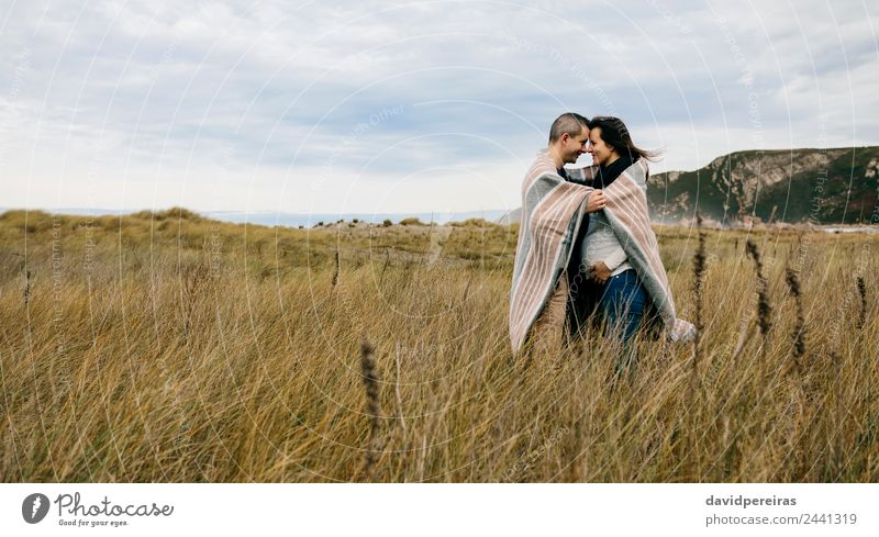 Pregnant with husband covered with a blanket Lifestyle Calm Winter Woman Adults Man Parents Family & Relations Couple Nature Landscape Clouds Autumn Grass Coast