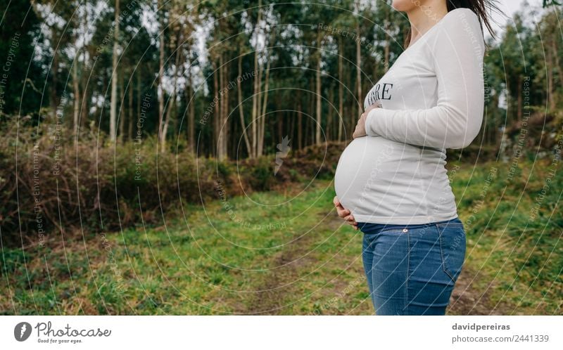Pregnant woman caressing her tummy Lifestyle Human being Baby Woman Adults Mother Family & Relations Nature Landscape Horizon Wind Tree Grass Meadow Forest
