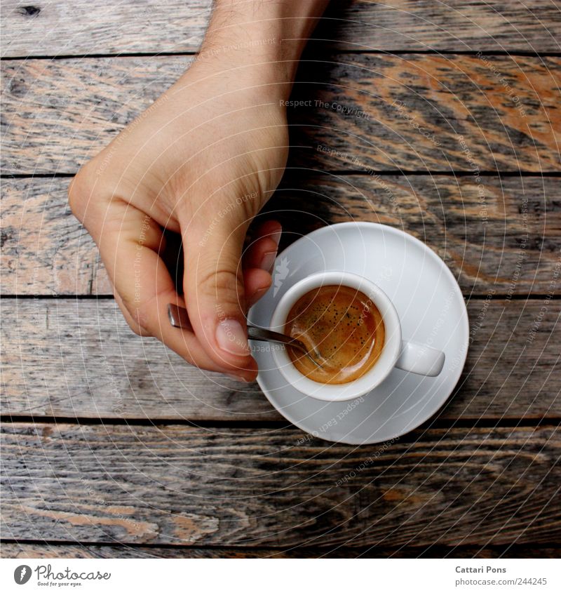 espresso Hot drink Coffee Espresso Cup Spoon Elegant Drinking Hand Make Fluid Good Delicious To enjoy Wood Table Stir Mix Caffeine Watchfulness Bitter Strong