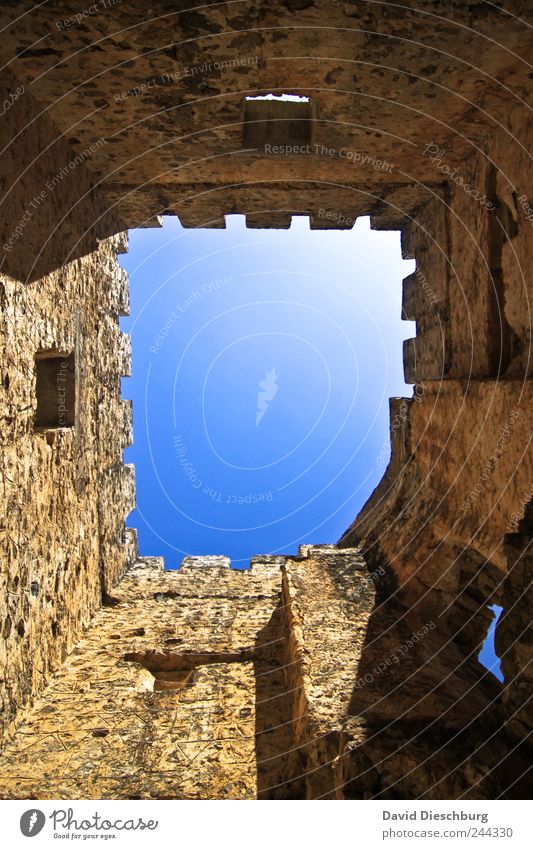 change of perspective Castle Ruin Tower Wall (barrier) Wall (building) Blue Brown Colour photo Exterior shot Day Light Shadow Contrast