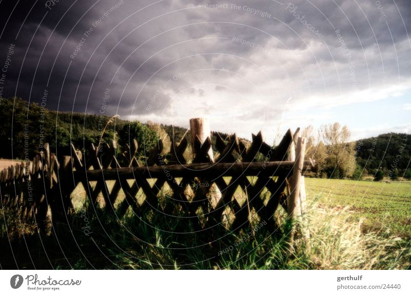 hunter's fence Fence Wood Wooden fence Clouds Rain Dark clouds Meadow Grass Tree Green Yellow Garden fence Moody hunting fence Sky Landscape Bright Blue