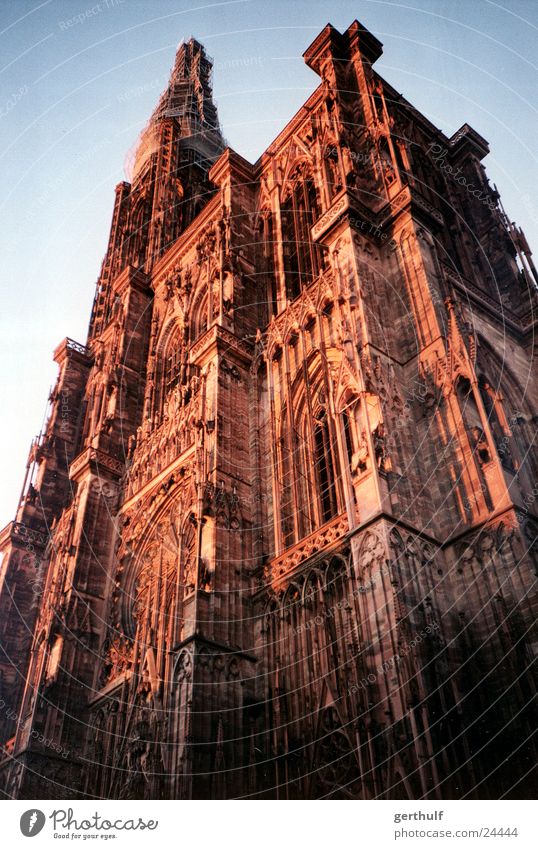 Strasbourg Cathedral Red Sunset Rebuild Restoration Historic Religion and faith House of worship Münster Dome red light Blue sky Beautiful weather restore