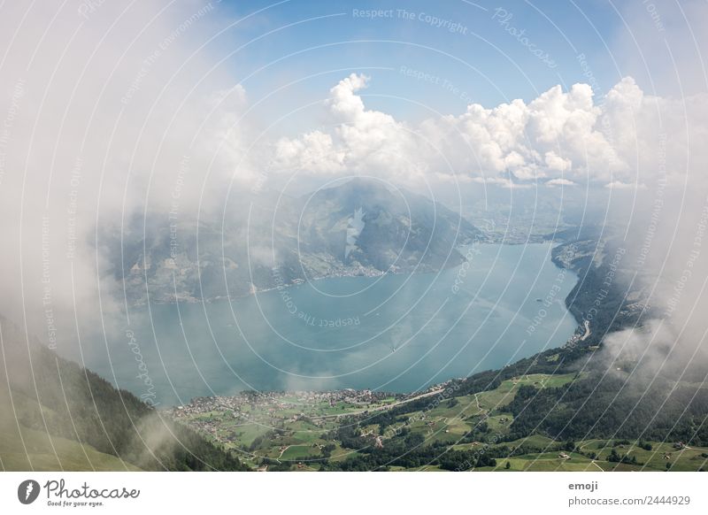 View before the ascent to the Buochserhorn (CH) Environment Nature Landscape Clouds Summer Climate Weather Beautiful weather Fog Alps Mountain Lake Exceptional