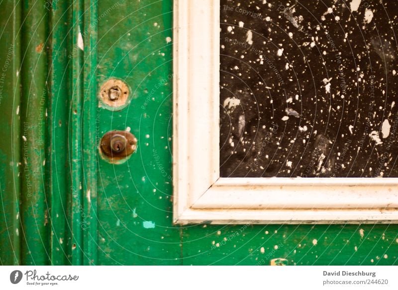 Details of a door Door Green White Closed Old Rustic Window Window pane Molding Dirty Line Colour Varnished Keyhole Colour photo Exterior shot Close-up