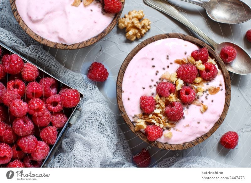 Raspberries smoothie bowls Yoghurt Fruit Dessert Nutrition Breakfast Vegetarian diet Diet Bowl Spoon Summer Fresh Pink Red White background Berries blended chia