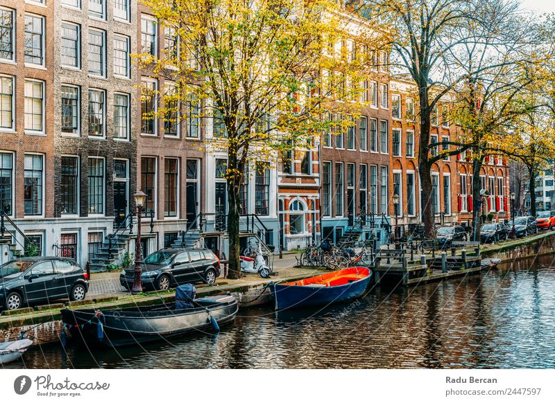 Beautiful Architecture Of Dutch Houses and Houseboats On Amsterdam Canal In Autumn canal Netherlands City House (Residential Structure) Famous building