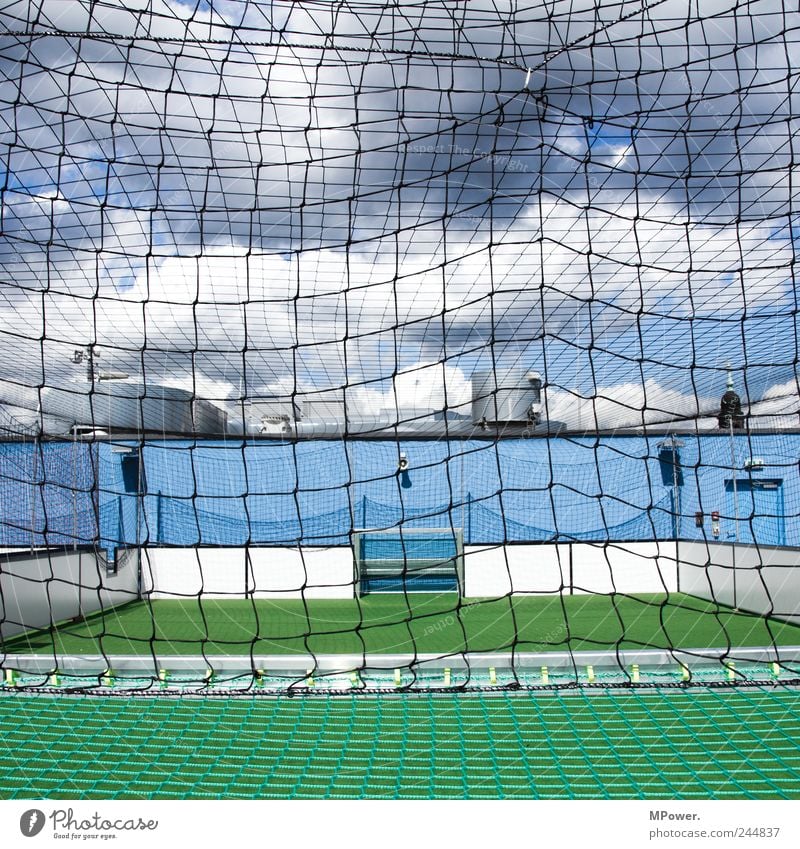 kleinfeldkicken Leisure and hobbies Playing Sports Ball sports Soccer Sporting Complex Football pitch Stadium Blue Green Net Clouds Goal Artificial lawn Cage