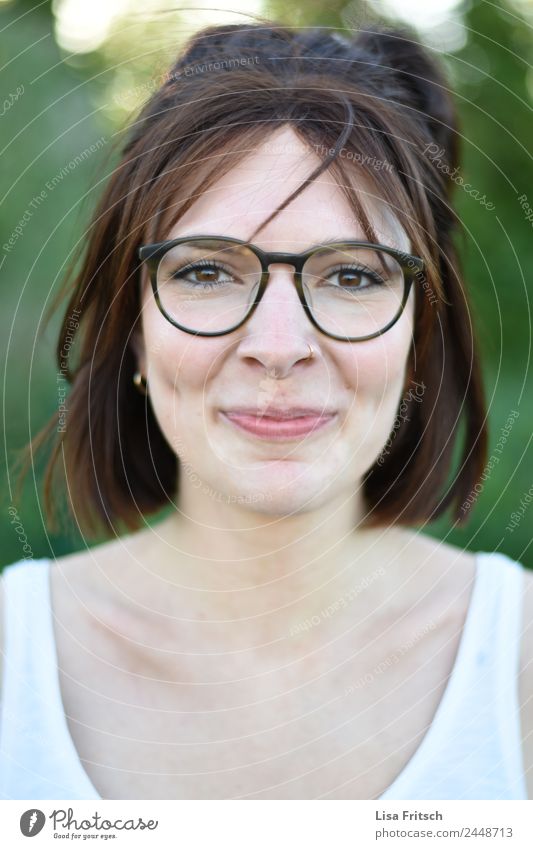 grin, glasses, dimples Feminine Young woman Youth (Young adults) Face 1 Human being 18 - 30 years Adults Piercing Eyeglasses Brunette Short-haired Smiling