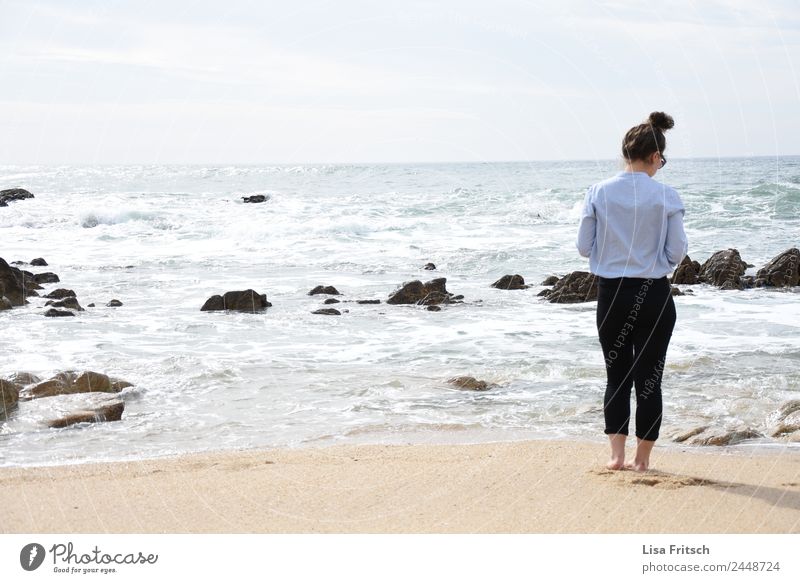 Beach, sea, woman with bun, Porto Feminine Young woman Youth (Young adults) 1 Human being 18 - 30 years Adults Nature Sky Spring Beautiful weather Rock Waves