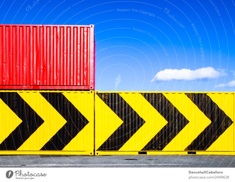 containerized Metal Sharp-edged Blue Yellow Red Black Container Container terminal Harbour Arrow Direction Clouds Geometry Industrial Industry Economy Logistics