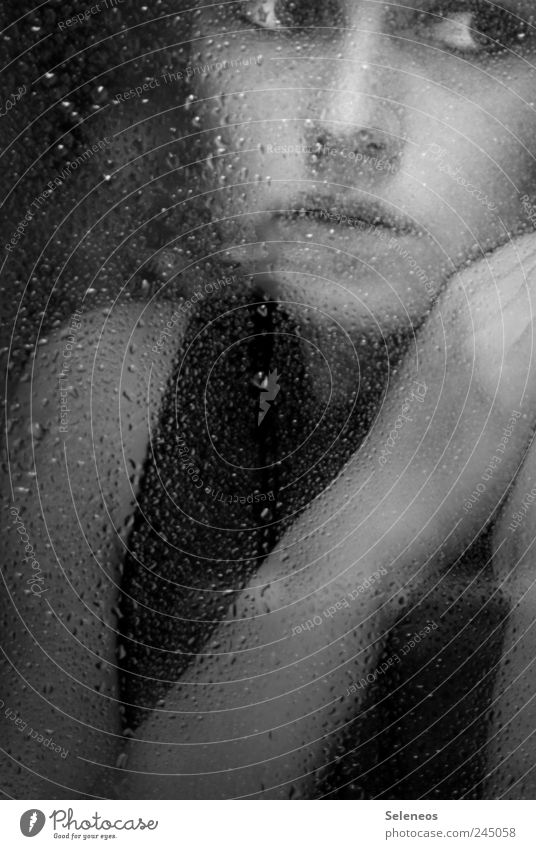english summer rain Human being Feminine Young woman Youth (Young adults) Woman Adults Head Face Eyes Arm Hand 1 Rain Window T-shirt Looking Dark Near Wet