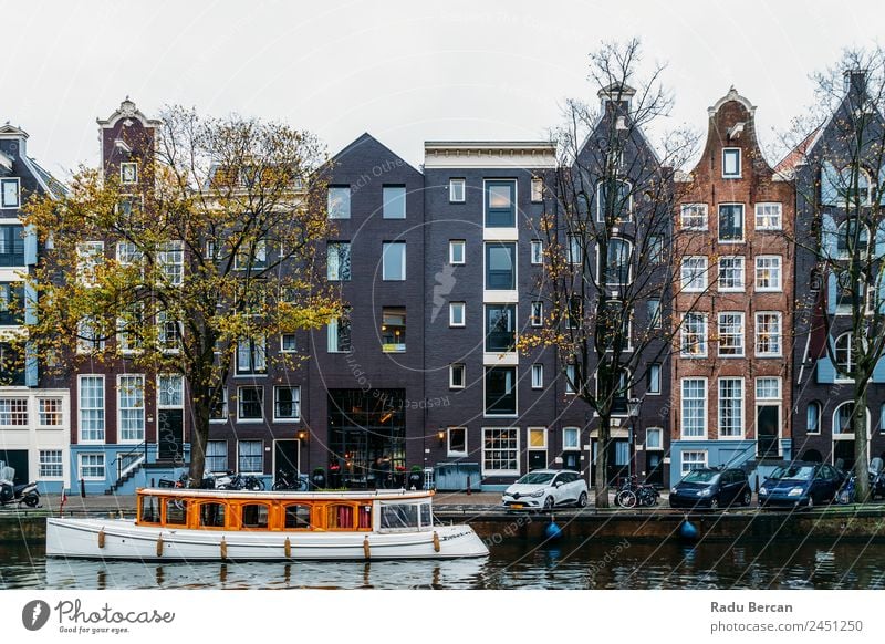 Architecture Of Dutch Houses Facade and Houseboats On Amsterdam Canal canal Netherlands City House (Residential Structure) Famous building Vacation & Travel