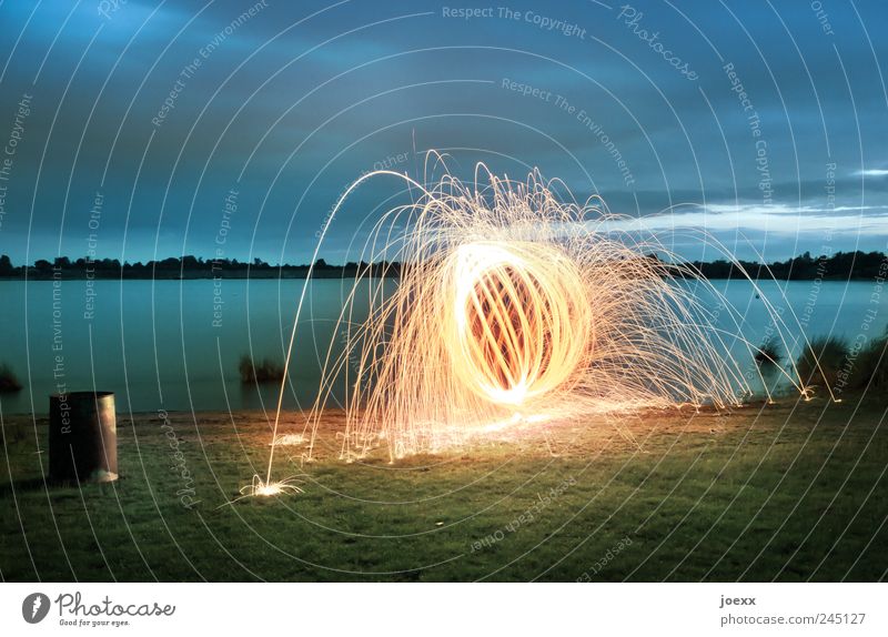 700° Water Sky Clouds Meadow Lakeside Bright Round Crazy Blue Yellow Green Colour Fireball Firecracker flying sparks Ball Circle Visual spectacle Colour photo
