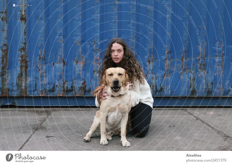 Portrait of a young, tall woman behind a blond Labrador Lifestyle already Harmonious Container Logistics Young woman Youth (Young adults) 18 - 30 years Adults