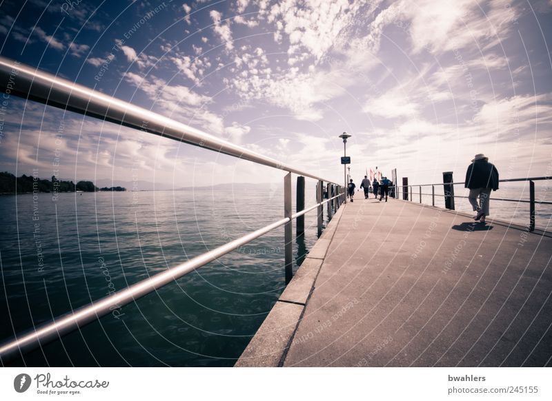 Summer day at the lake Human being Nature Landscape Water Sky Clouds Sunlight Beautiful weather Waves Coast Lakeside Navigation Excursion boat Jetty Footbridge