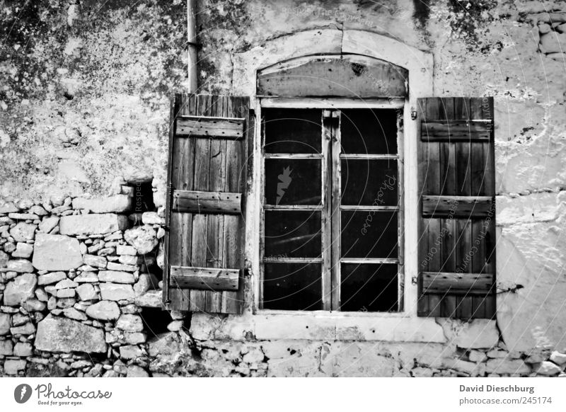 *600* / window House (Residential Structure) Ruin Wall (barrier) Wall (building) Facade Window Stone Wood Black White Rustic Open Shutter Window frame