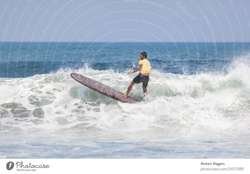 Surfer on longboard performing maneuver in white breaking wave Masculine 1 Human being 30 - 45 years Adults Leisure and hobbies Competition Vacation & Travel