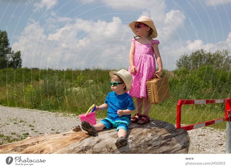 A boy and a girl in toddlerhood are standing on a log in summer clothes Beach Human being Baby Family & Relations Relaxation Vacation & Travel Stand beach chair