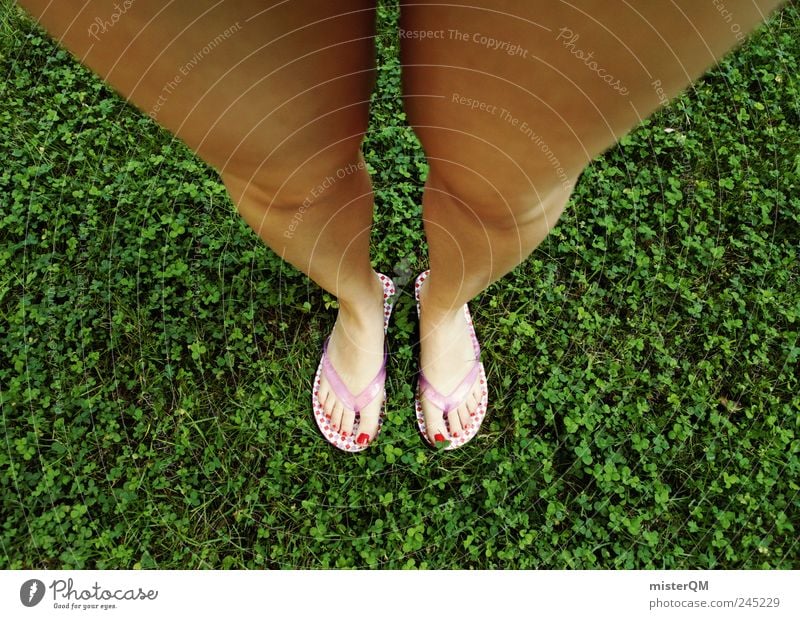 Point of view. Art Esthetic Under Perspective Footwear Woman Beach shoes Flip-flops Clover Legs Large Growth Puberty Fashion Crazy Fantastic Modern