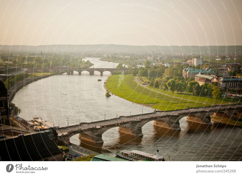 thresh Dresden Germany Europe Town Capital city Bridge Moody Bright River Grassland on the Elbe River River bank Saxony Historic Old town Bridge building