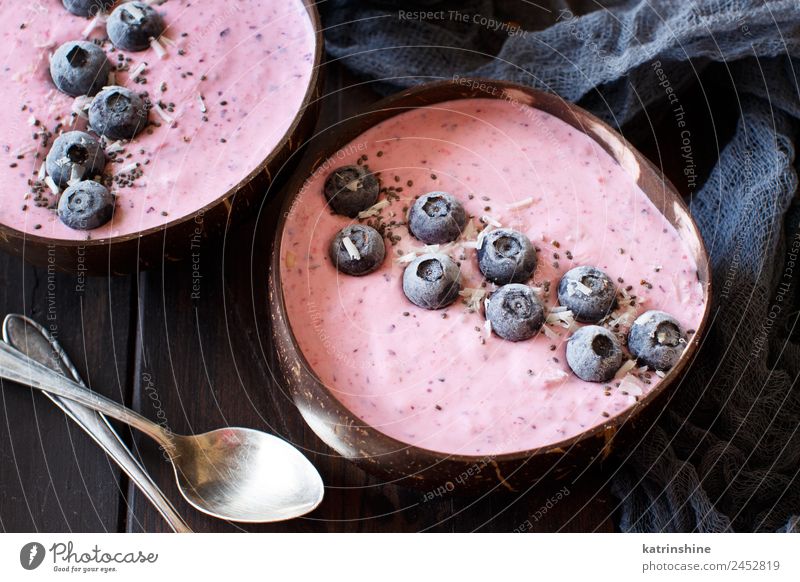 Blueberry smoothie bowls Yoghurt Fruit Dessert Nutrition Breakfast Vegetarian diet Diet Bowl Summer Fresh Gray Pink Red White background Berries blended chia