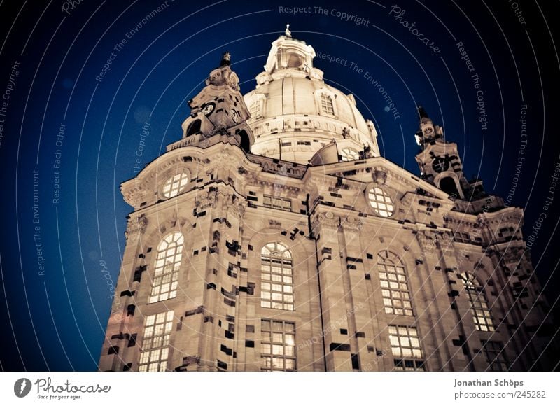 Church of Our Lady Dresden Germany Europe Capital city Downtown Old town Tourist Attraction Frauenkirche Blue Brown Stage lighting Vignetting Manmade structures