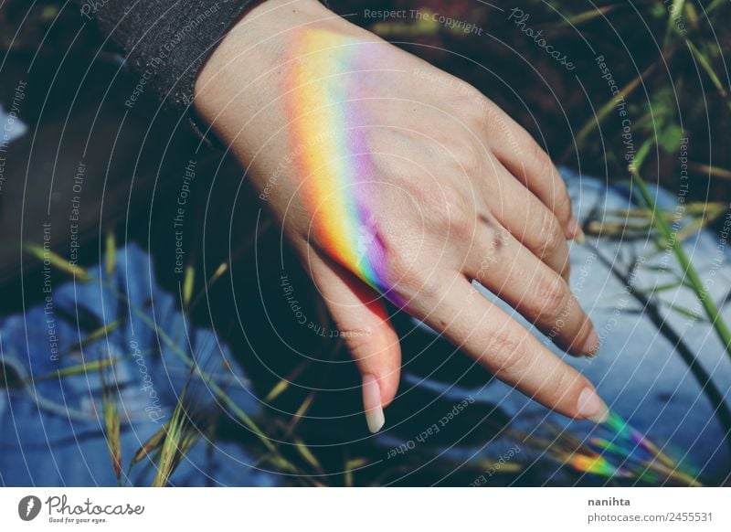 Woman hand with a rainbow projected in it Style Design Feminine Adults Hand Nature Plant Climate Weather Beautiful weather Rainbow Esthetic Authentic Simple