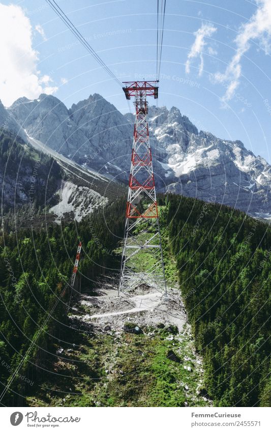 Mast of a cableway in the alps Nature Landscape Adventure Cable car Gondola Rope Alps Fantastic Summer Summery Sun Sunbeam Coniferous forest Mountain