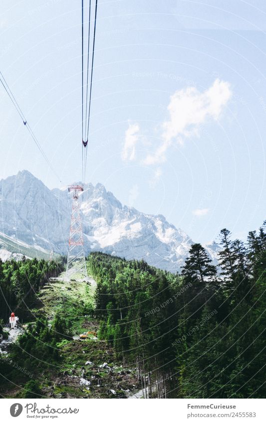 Mast of a cableway in the alps Nature Adventure Gondola Ferris wheel Cable car Rope Coniferous trees Coniferous forest Clearing Mountain Alps Sunbeam Summer