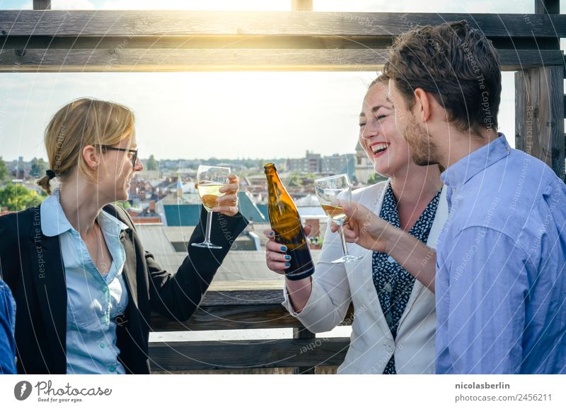 Closing time on the terrace Beer Elegant Office Advertising Industry Financial Industry Business Company Career Success Team Human being Masculine Feminine