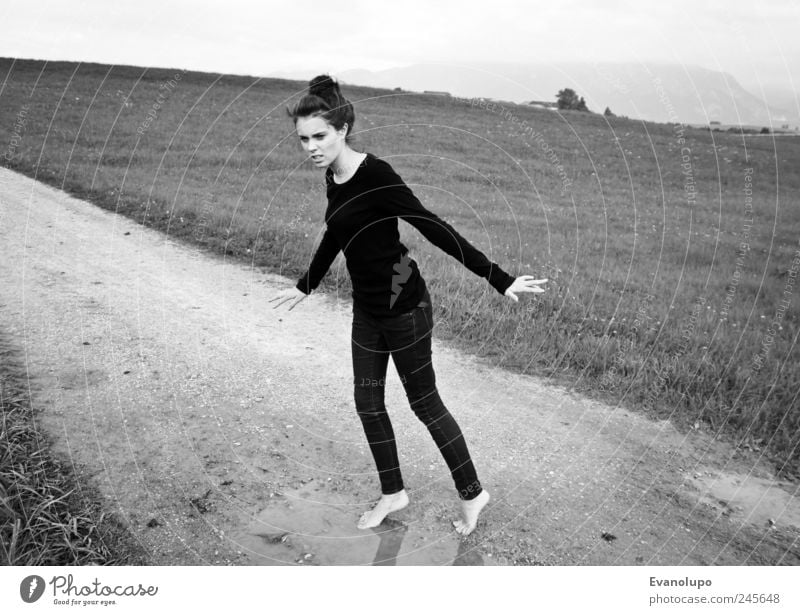 LadyLike Human being Feminine Young woman Youth (Young adults) Woman Adults 1 Disgust Elegant Meadow Lanes & trails Water Puddle Black & white photo