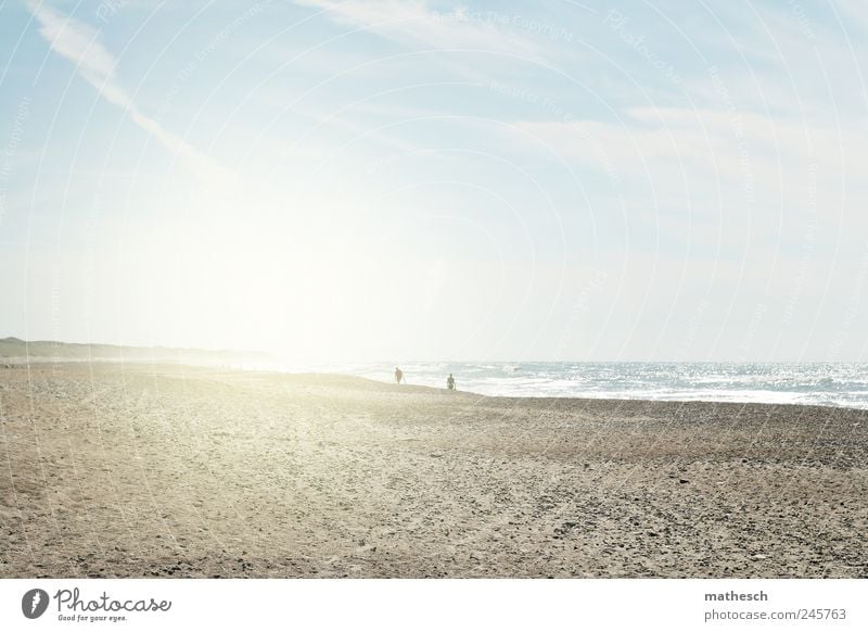 Delight Human being 2 Sand Air Water Sky Clouds Sun Sunlight Summer Beautiful weather Waves Coast Beach North Sea Bright Denmark Colour photo Exterior shot