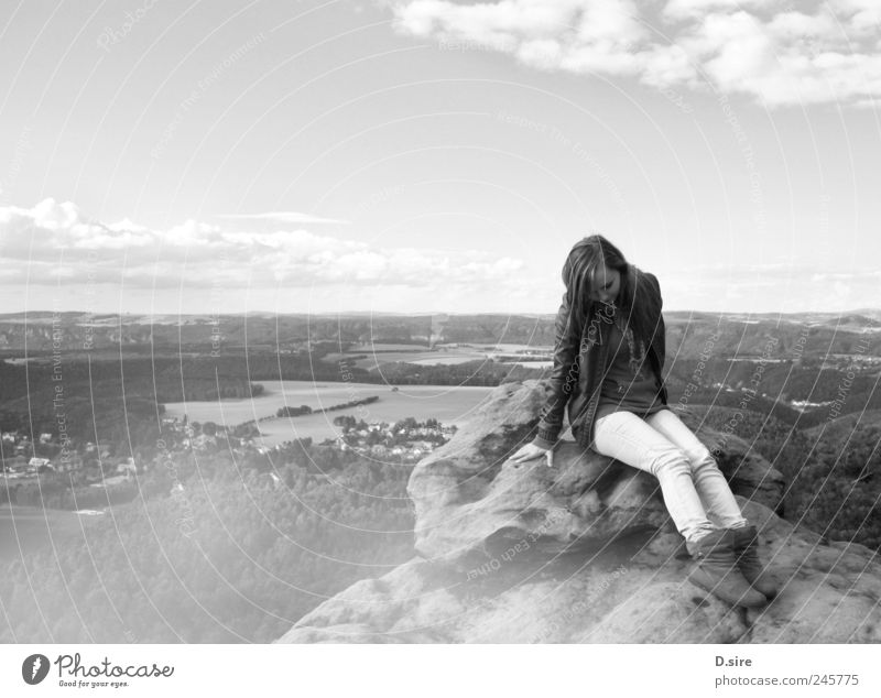 see me Adventure Mountain Hiking Feminine Young woman Youth (Young adults) 1 Human being Nature Landscape Elements Sky Clouds Field Hill Rock Saxon Switzerland