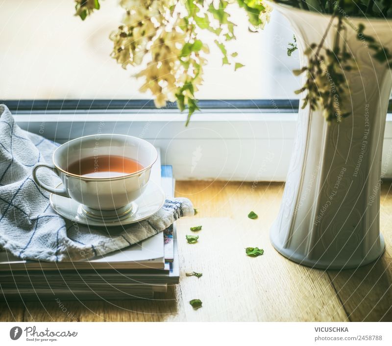 Still life with cup of tea at the window Beverage Hot drink Tea Cup Lifestyle Style Design Relaxation Summer Winter Living or residing Flat (apartment)