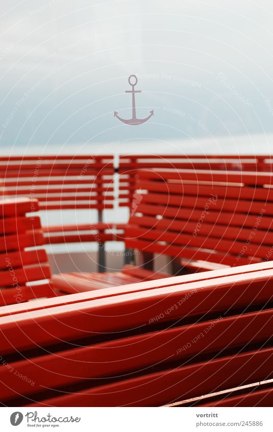 ahoy Means of transport Navigation Steamer Anchor On board Wood Red Bench Sky Deck Lake Fog Structures and shapes Colour photo Subdued colour Exterior shot
