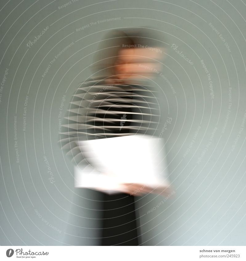 movement Woman Adults Book Stripe Movement Going Walking Speed Gray White Wall (building) Subdued colour Interior shot Experimental Abstract Long exposure Blur