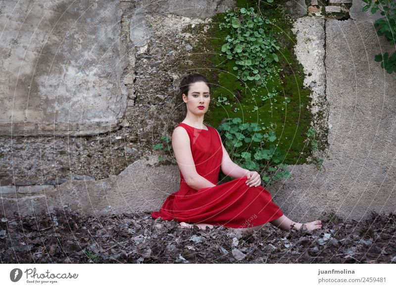 Melancholic girl with red dress in nature Elegant Style Beautiful Face Summer Young woman Youth (Young adults) Woman Adults 18 - 30 years Nature Plant Earth