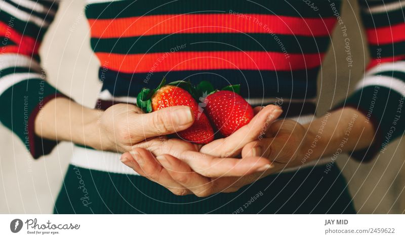 Woman holds strawberries in her hands Fruit Eating Breakfast Vegetarian diet Diet Human being Adults Hand Nature Leaf Dress Fresh Natural Juicy Green Red